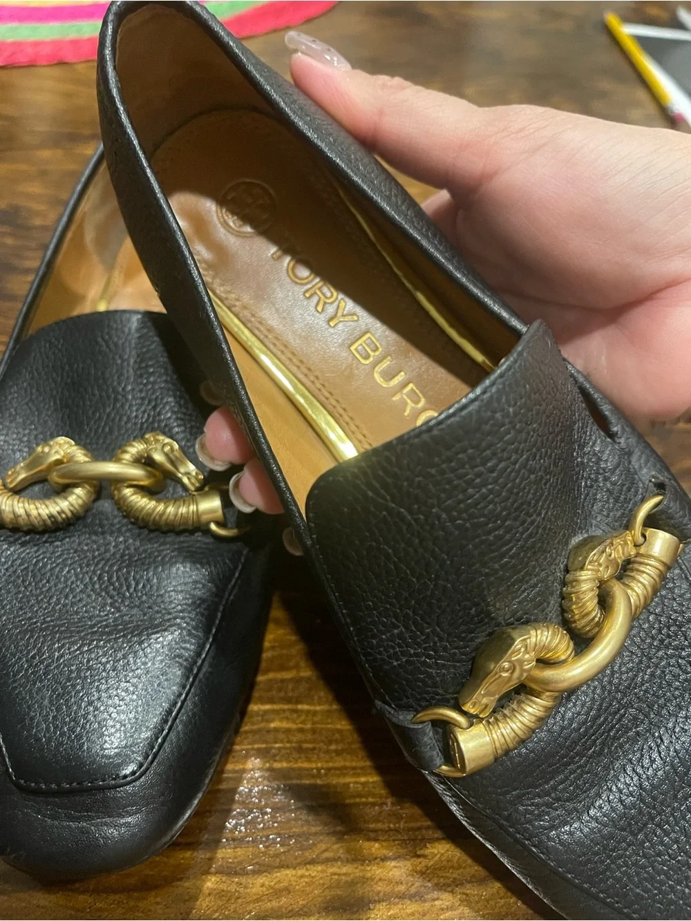 Tory Burch Black Pebbled Leather Loafers with Gold Horsebit Detail